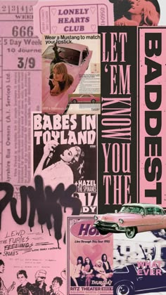 a collage of pink and black newspaper clippings with various posters on them