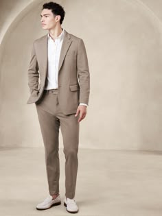 Tailored-Fit Knit Suit Trouser | Banana Republic Factory Simple Tuxedo Men, Mens Beach Formal Attire, Dark Khaki Groomsmen Attire, Men’s Wedding Suit Linen, Light Colored Suits For Men, Cocktail Formal Men, Light Brown Suits For Men, Men’s Courthouse Wedding Outfit, Corporate Suits Men