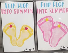 two signs that say flip flops and into summer with pictures of shoes on them