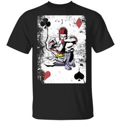 a black shirt with an image of a man playing cards