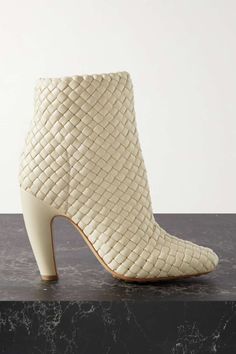 Cream Mini Lido intrecciato leather ankle boots | BOTTEGA VENETA | NET-A-PORTER Womens Wear Daily, Bottega Veneta Shoes, Shoes Boots Ankle, Socks And Sandals, Yellow Leather, Tapered Pants, Fashion Shoot, Mr Porter, Leather Ankle Boots