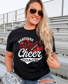 a woman wearing sunglasses and a t - shirt that says, must anggs cheer mom