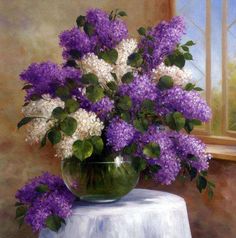 a painting of purple and white flowers in a glass vase on a table with a window behind it