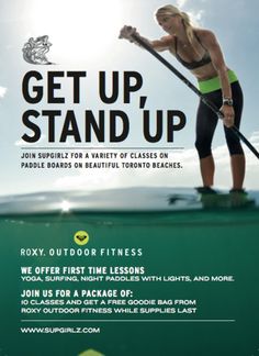 a woman standing on top of a surfboard in the ocean with paddles and text get up, stand up