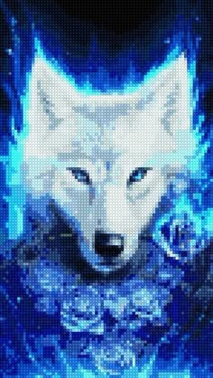 a white wolf with blue eyes is shown in this cross stitch pattern, it looks like he