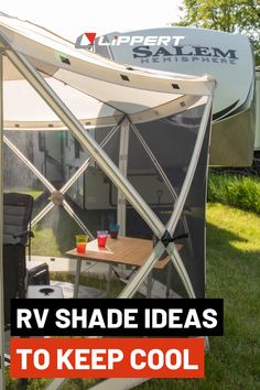 rv shade ideas to keep cool in the sun and on the grass with text overlay reading rv shade ideas to keep cool in the sun and on