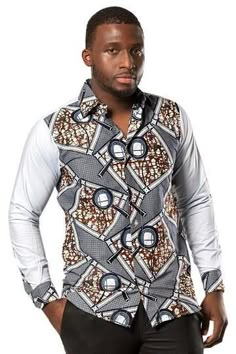 Printed Cotton Shirt With Casual Collar, Fitted Cotton Shirt With Graphic Print, Fitted Graphic Print Cotton Shirt, Slim Fit Cotton Tops With Graphic Print, Fitted Long Sleeve Cotton Shirt, Slim Fit Printed Cotton Tops, African Print Shirts For Men, African Shirts Designs, Men African Wear