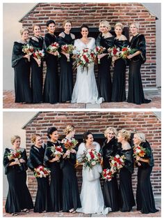 the bride and her bridal party posing for pictures in front of a brick wall