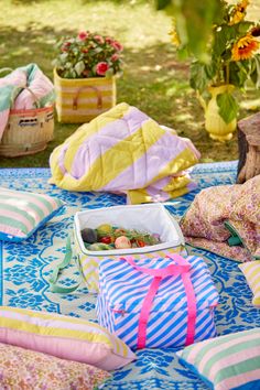 a picnic blanket with colorful pillows and food on it