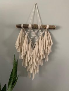 a wall hanging with tassels hangs on the wall next to a potted plant