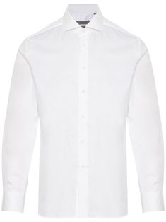 white cotton poplin texture spread collar front button fastening long sleeves buttoned cuffs rear curved hem White Long Sleeve Dress Shirt With Concealed Placket, White Cotton Dress Shirt With Button Cuffs, Timeless Long Sleeve Dress Shirt With Button Cuffs, Timeless Long Sleeve Dress Shirt With Concealed Placket, Modern White Cotton Dress Shirt, White Elegant Cotton Dress Shirt, Elegant White Cotton Dress Shirt, Tailored White Cotton Dress Shirt, White Shirt With Button Cuffs And Lapel Collar