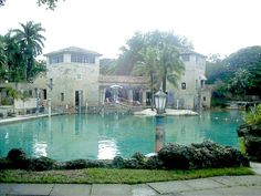 an outdoor swimming pool surrounded by palm trees and stone paversed walkways in front of a house