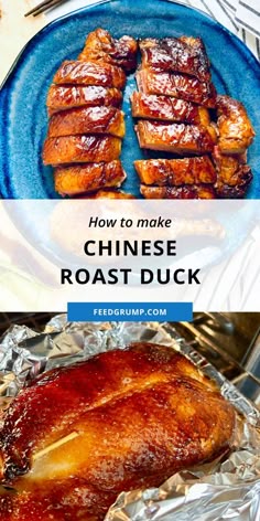 how to make chinese roast - duck in foil with text overlay that reads, how to make chinese roast duck