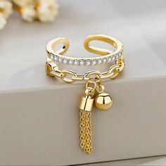 Fashion Women's Gold Color Tassel Ring - Hollow Geometric Design, Rhinestone Material, Ideal For Party And Weddings - Cute/Romantic Style Wedding Band Ring Size Is Adjustable Same Day Shipping New With Tag Planet Ring, Ring Party Jewelry, Wedding Bride Jewelry, Gold Color Ring, Trendy Ring, Cuff Rings, Zircon Ring, Chain Ring, Crystal Rings