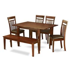 a wooden table with four chairs and a bench