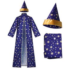 the wizard costume is blue with gold stars on it and has a hat, scarf, and pants