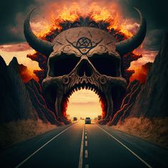 a large skull with horns on the side of a road in front of a fire filled sky