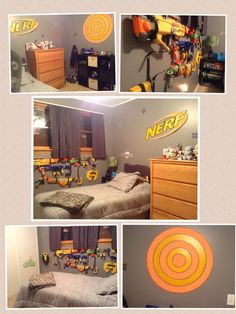 a collage of photos showing various rooms with toys