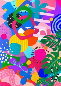 an abstract painting with many different colors and shapes, including plants in the foreground