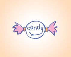 the candy logo has pink bows on it's head and is outlined in blue