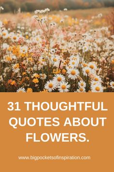 the words 31 thoughtful quotes about flowers are in front of a field full of wildflowers