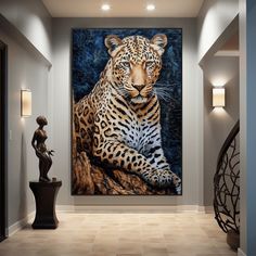 a painting of a leopard sitting on top of a tile floor next to a statue