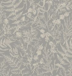 a gray and white floral wallpaper with fern leaves on the left side, ferns on the right