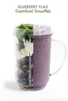 blueberry flax and superfood smoothie in a mason jar with text overlay