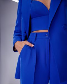 Fabric: Suiting fabric Cotton 65%, Polyester 35% Included: Blazer, Tops, Pants Blazer length: 74 cm/ 29 in Sleeve length: 61 cm/ 24 in Pants length: 116 cm/ 45,6 in 4 Buttons Wide-leg pants Sweetheart top Lining option: Fully-lined Blue Double Breasted Suit, Black Double Breasted Suit, Blue Photos, Sweetheart Top, Suiting Fabric, Double Breasted Suit, Trendy Accessories, Pants Length, Black Friday Sale