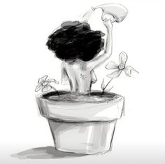 a drawing of a woman sitting on top of a toilet with flowers growing out of it