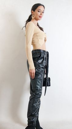 Midriff Top, Refined Fashion, Usa Outfit, Hello Gorgeous, Faux Leather Pants, High Waisted Pants, Leather Pants, Night Out, Full Length