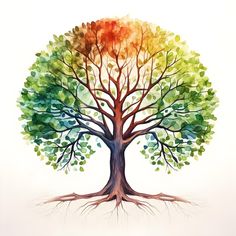 a watercolor painting of a colorful tree with roots