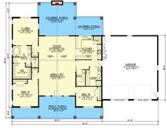 the first floor plan for a home with two master suites and an attached garage area