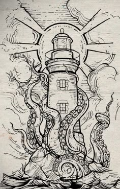 Kraken Lighthouse Tattoo, Lighthouse And Octopus Tattoo, Sketches Of Octopus, Octopus Lighthouse Tattoo, Kraken Lighthouse, Octopus Drawing Tattoo, Ship Sketch Simple, Lighthouse Drawing Sketch, How To Draw An Octopus