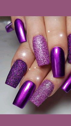 Dark Purple Nail Designs Ideas, Purple Nails Designs Glitter, 50th Birthday Nails Design, Purple Glitter Nails Acrylic, Purple And Silver Nails, Purple Ombre Nails, Purple Nail Art