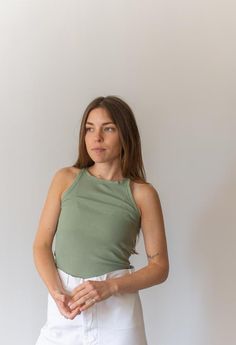 Vintage Olive Green Rib Knit Tank Top Sage Green Base Layer | Etsy Basic Green Stretch Crop Top, Basic Green Tank Top, Olive Stretch Summer Tops, Olive Stretch Top For Summer, Green Stretch Basic Tank Top, Summer Stretch Olive Tops, Stretchy Olive Summer Tops, Casual Green Stretch Tank Top, Trendy Green Tank Top