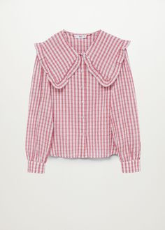 Babydoll collar cotton shirt - Women | Mango United Kingdom Collar Blouse Outfit, Joanie Clothing, Ruched Blouse, Cotton Shirts Women, Big Collar, Gingham Shirt, Ruffle Shirt, Collar Blouse, Fashion Sewing