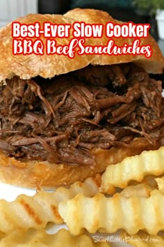 the best ever slow cooker bbq beef sandwich with waffles is ready to be eaten