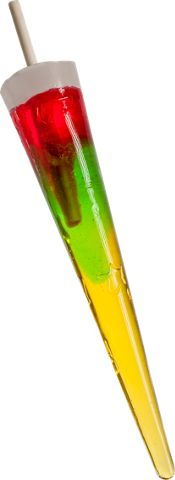 a multicolored umbrella is hanging upside down on a white background and has a straw sticking out of it