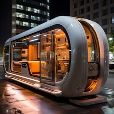 a futuristic bus is parked on the side of the road at night with it's doors open