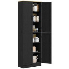 a tall black cabinet with shelves and containers on it's sides, in front of a white background