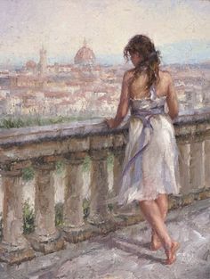 a painting of a woman in a white dress looking over a balcony at the city