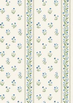 a wallpaper with blue flowers and green leaves on white background, which is vertically striped