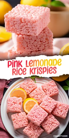 pink lemonade rice krispies on a white plate