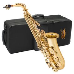 a saxophone and case sitting next to each other