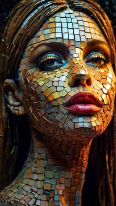 a woman's face made out of mosaic tiles