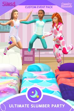 two girls are jumping in the air near beds and dressers with colorful sheets on them