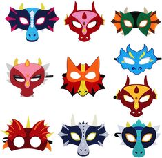 a group of different colored masks with horns