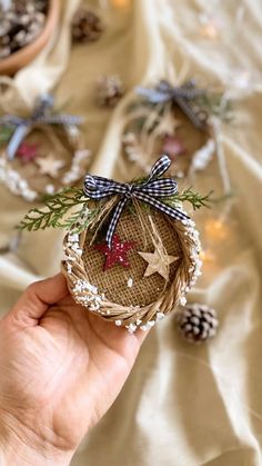 someone is holding up a small ornament with pine cones and berries on it