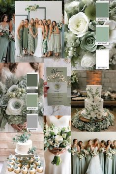 a collage of green and white wedding colors with flowers, greenery, and bridesmaid's bouquets